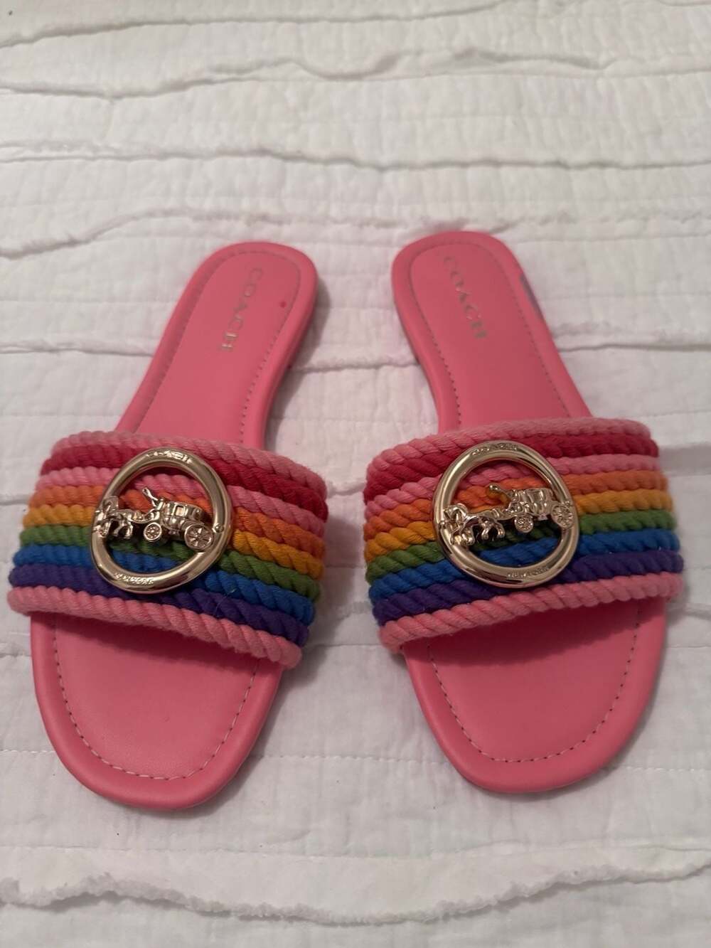 Coach Rainbow Rope Slide Sandals with Horse and Carriage Logo Size 8.5